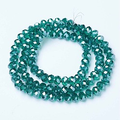 Dark Cyan Electroplate Glass Beads Strands, Pearl Luster Plated, Faceted, Rondelle, Dark Cyan, 8x6mm, Hole: 1mm, about 65~72pcs/strand, 15.7~16.1 inch(40~41cm)