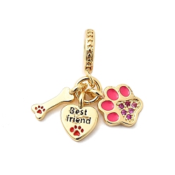 Настоящее золото 18K Латунные микропаве камелия кубический цирконий европейские подвески, с разноцветной эмалью,, Подвески с большими отверстиями, без кадмия и без свинца, кость, сердце и отпечаток лапы, реальный 18 k позолоченный, 26 мм, отверстие : 4.5 мм