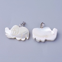 Shell Shell Pendants, with Brass Findings, Animal, Platinum, 15~17x22~23x4~5.5mm, Hole: 2.5x5mm