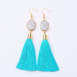 Cyan Ice Silk Thread Tassel Dangle Earrings, with Electroplated Natural Druzy Quartz Crystal and Brass Earring Hooks, Golden, Cyan, 98mm, Pin: 0.6mmg, Pendant: 80x14x7mm