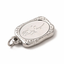 Stainless Steel Color 304 Stainless Steel Pendants, with Jump Rings, Rectangle with Rose, Stainless Steel Color, 23x14.5x3mm, Hole: 4mm