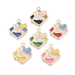 (52) Непрозрачная лаванда Подвески из эмали и сплава, Подвески в виде ромба и розы, с ABS имитации жемчуга, золотой свет, разноцветные, 23x20x4.5 мм, отверстие : 1.8 мм
