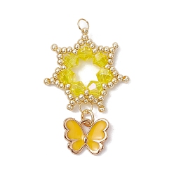 Желтый Подвески-цветы из стеклянных бус, с настоящими 18позолоченными 304 кольцами из нержавеющей стали и эмалированными подвесками в виде бабочек, желтые, 36x24x4 мм