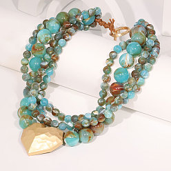Сердце Многослойные ожерелья из круглых акриловых бусин с подвеской из сплава для женщин, золотые, бирюзового цвета, сердце, 20.47 дюйм (52 см), Кулон : 52x48 мм