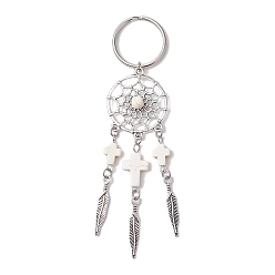 (7BDF) Прозрачный морозный бирюзовый Брелок из плетеной сетки/паутины с перьями из сплава драгоценных камней, с железными разъемными кольцами для ключей и синтетической бирюзой зеленого цвета и синтетической бирюзой, призрачный белый, 114 мм