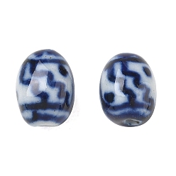 Midnight Blue Handmade Porcelain Beads, Blue and White Porcelain, Oval with Line Pattern, Midnight Blue, 9~9.5x7.5mm, Hole: 1.5mm