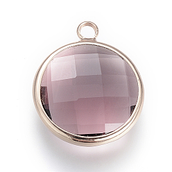 Розово-Коричневый Стеклянные подвески, с латунной фурнитурой , граненые, плоско-круглые, розово-коричневый, 9.5x6.5x2.5 мм, отверстие : 2 мм