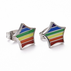 Stainless Steel Color Pride Style 201 Stainless Steel Stud Earrings, with Enamel and Alloy Ear Nuts, Star, Colorful, Stainless Steel Color, 10x10mm, Pin: 0.7mm