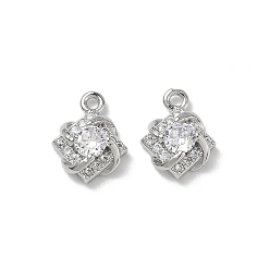 Platinum Brass Micro Pave Clear Cubic Zirconia Charms, Rhombus with Twisted Ribbon Charms, Platinum, 12x9.5x4mm, Hole: 1.3mm