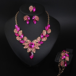 Фуксин Комплекты украшений из листового сплава из стекла для женщин, включая ожерелья и браслеты и серьги и перстень, фуксиново-красные, 430 мм