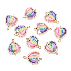 Сердце Пластиковая рамка ccb с радужными бусинами из полимерной глины, подвесками-соединителями, с латунными двойными петлями, розовое золото , красочный, сердце, 21x15x4.5 мм, отверстие : 1.5 мм