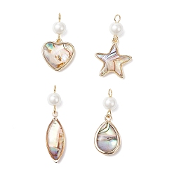 Золотой 4 шт. 4 стили латунные эмалевые подвески с имитацией раковины морского ушка, со стеклянными жемчужными бусинами и 304 петлями из нержавеющей стали, красочный, золотые, 26~34x8~16.5x6 мм, отверстие : 2~2.5 мм, 1 шт / стиль