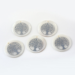 Platinum Sea Shell Pendants, with Tree Pattern, Flat Round, Platinum, 25~25.5x1.5~2mm, Hole: 1.5mm