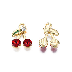 Light Siam Alloy Rhinestone Pendants, with Enamel, Light Gold, Cherry Charms, Light Siam, 17x12x4mm, Hole: 1.6mm