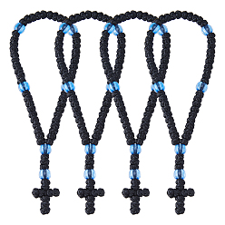 Черный 4шт. браслеты из вощеного шнура с подвесками, молитвенные браслеты для женщин и мужчин, крестик, с пластиковой бисера, чёрные, внутренний диаметр: 3 дюйм (7.5 см)