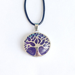 Аметист Ожерелья из сплава с натуральным аметистом и подвеской в виде дерева жизни, черные шнуровые ожерелья для женщин, платина