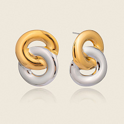 Настоящее золото 18K 304 двухцветные серьги-гвоздики с двумя кругами из нержавеющей стали, реальный 18 k позолоченный, 32x24.5 мм