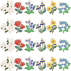 (52) Непрозрачная лаванда 24 шт 6 стили подвески из цинкового сплава с эмалью, золотой свет, цветок, разноцветные, 30~30.5x21.5~28x1~1.5 мм, отверстие : 2 мм, 4 шт / стиль