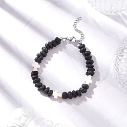 Белый Браслеты из бисера с крестом из синтетической бирюзы и натуральными самородками лавы, платина, белые, 7-1/2 дюйм (19 см)