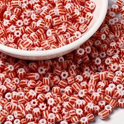 Tomato 8/0 Opaque Colours Seep Glass Seed Beads, Round Hole, Round with Stripe Pattern, Tomato, 3~3.5x2~3mm, Hole: 1mm, about 450g/bag