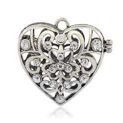 Antique Silver Tibetan Style Magnetic Alloy Cage Pendants, with Rhinestones, Hollow Heart, Antique Silver, 48x52x23mm, Hole: 5mm