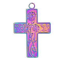 Rainbow Color 304 подвески из нержавеющей стали, крестик с подсолнухом, Радуга цветов, 35x23 мм