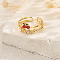 Вишня Фруктовые темы латунные паве кубические цирконии манжеты открытые кольца для женщин, с эмалью, золотые, вишня, внутренний диаметр: 16мм~18мм