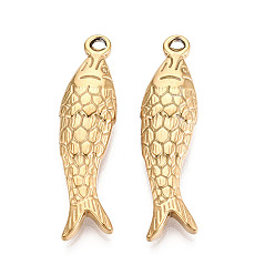 Настоящее золото 18K 304 из нержавеющей стали рыба кулоны, ионное покрытие (ip), реальный 18 k позолоченный, 43x11x5.5 мм, отверстие : 2x3 мм
