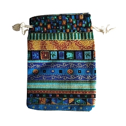 Озёрно--синий Этнические хлопковые сумки на шнурке, прямоугольные мешочки для драгоценностей, Плут синий, 14x10 см