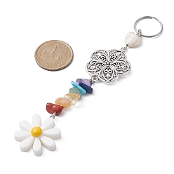 White Flower Resin Keychains, with Chakra Gemstone Chip and 304 Stainless Steel Split Key Rings and Tibetan Style Alloy Links, White, 14.5cm