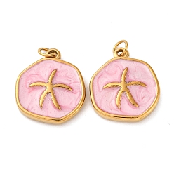 Pink 304 нержавеющей стальной эмали подвески, плоская круглая с подвеской в виде морской звезды, с целью перехода в кольце, ионное покрытие (ip), реальный 18 k позолоченный, розовые, 17x14.5x3 мм, отверстие : 2.5 мм