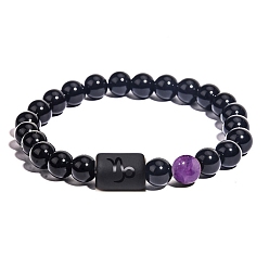 Capricorn Natural Black Agate(Dyed & Heated) Stretch Bracelets, Constellations Theme Bracelet, Capricorn, Inner Diameter: 2-3/8 inch(6cm)