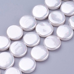 White Shell Pearl Beads Strands, Flat Round, White, 11.5~13x3~4mm, Hole: 0.8mm, about 31pcs/strand, 15.9 inch(40.5cm)