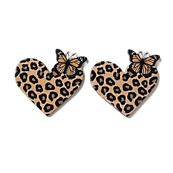 Tan Printed Acrylic Pendants, Leopard Print, Heart with Butterfly Charms, Tan, 33x37x2.5mm, Hole: 1.5mm