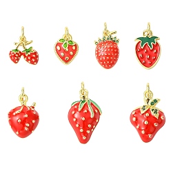 Настоящее золото 18K 7шт 7 подвески из кубического циркония с покрытием из латуни с микропаве, с эмалью и прыжковым кольцом, без кадмия и без свинца, долговечный, клубника, реальный 18 k позолоченный, 11~21.5x9~13x2~5 мм, отверстие : 3~3.5 мм, 1 шт / стиль