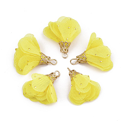 Gelb Eisen Anhänger & Charms, mit Chiffon, Blume, golden, Gelb, 23~28x20~30 mm, Bohrung: 1~3 mm