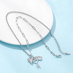 Платиновый & Цвет Нержавейки Подвеска в виде сердца с замком-ключом из сплава и кристаллами горного хрусталя 304 цепочка-скрепка из нержавеющей стали для женщин, платины и нержавеющая сталь цвет, 18.19 дюйм (46.2 см)