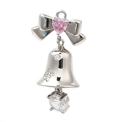 Платина Подвески из кубического циркония с покрытием из латуни, долговечный, без кадмия и без свинца, Рождественский колокольчик, платина, 26.5x14.5x11.5 мм, отверстие : 1.2 мм
