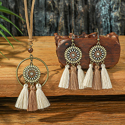 Плоский Круглый Ожерелье с подвеской в виде кисточки из сплава и дерева и серьги-подвески, античная бронза, плоско-круглые, 800 мм и 75x35 мм