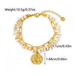 Плоский Круглый 304 двухслойные браслеты из нержавеющей стали и натуральных ракушечных бусин, шарм браслеты, золотые, плоско-круглые, 6-1/4 дюйм (16 см)