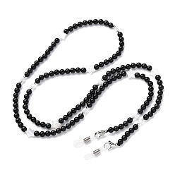 Обсидиан Цепочки для очков, натуральный обсидиан цепи шейный ремешок для очков, с резиновыми петлями на концах, натуральной ракушкой, натуральной гематитовой бусиной-разделителем и фурнитурой из нержавеющей стали, 740x4.5~8.5 мм