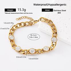 Flat Round Vintage 304 Stainless Steel Crystal Rhinestone Link Bracelets for Women, Golden, Flat Round, 7.09 inch(18cm)