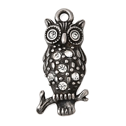 Античное Серебро 304 подвески из нержавеющей стали, сова прелести, со стразами, зеркальная полировка, античное серебро, 26.5x12.5x4.5 мм, отверстие : 2 мм
