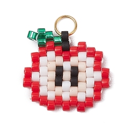 Яблоко Стеклянные подвески из бисера, фруктовое очарование, с 304 кольцами из нержавеющей стали, яблоко, 14x14.5x1.5 мм, отверстие : 3 мм