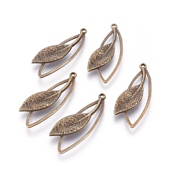 Antique Bronze Tibetan Style Alloy Pendants, Lead Free and Cadmium Free, Leaf, Antique Bronze Color, 40mm long, 16mm wide, 4.5mm thick, hole: 1.5mm