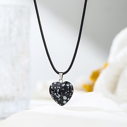 Снежный Обсидиан Кулон в виде сердца из натурального обсидиана в форме снежинки, ожерелье на черном шнурке., украшения с целебными кристаллами для мужчин и женщин, платина, 17.32 дюйм (44 см)