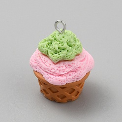 Светло-зеленый Подвески из смолы в виде мороженого, с платиновым железным обручем, светло-зеленый, 29x22x23 мм, отверстие : 2 мм