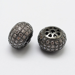 Черный Цвет Металла Латунные микро проложить кубического циркония бусы, плоско-круглые, без свинца и без никеля , металлический черный , 12x9 мм, отверстие : 2 мм