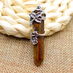 Tiger Eye Natural Tiger Eye Pendant Necklaces, Bullet with Rose Flower, 20.08~31.50 inch(51~80cm)