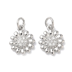 Платина Латунные микропаве прозрачные подвески с фианитом, долговечный, без кадмия и без свинца, стойки покрытие, прелести подсолнуха, платина, 13.5x11x2.5 мм, Перейти кольцо: 5x1.2 мм, внутренний диаметр: 3.5 мм
